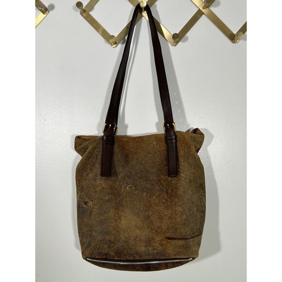 Michael Kors Jessica Expandable Distressed Brown Leather Bag Handbag Purse Tote - Picture 8 of 11